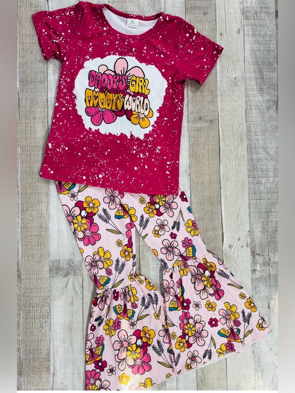 Girls Boutique 2 Piece Outfit Set Size 7/8 Pink Floral Bell Bottom Pants Soft